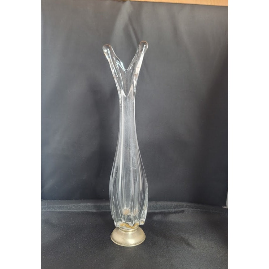 Crystal 12"  clear glass swung vase with Silver Stamped base 1960's V top taper