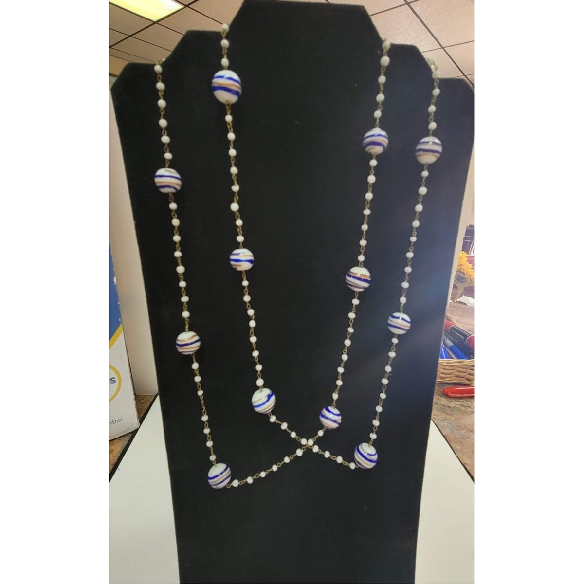Vintage Single Strand Necklace Large Glass Beads with small 26" long Blue Gold