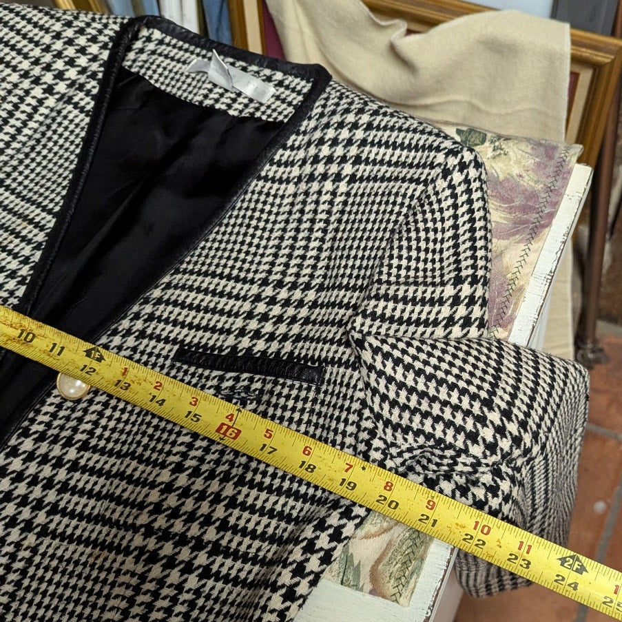 The Limited Plaid Wool Blend Blazer Faux Leather Trim Gold Button Vintage XS