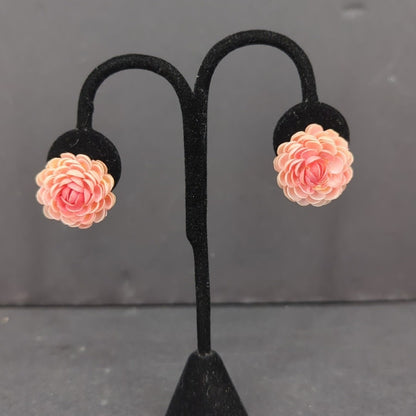 Vintage 50s Glam Pink Resin Rose Flower Stud Pierced Earrings Mid Century Modern