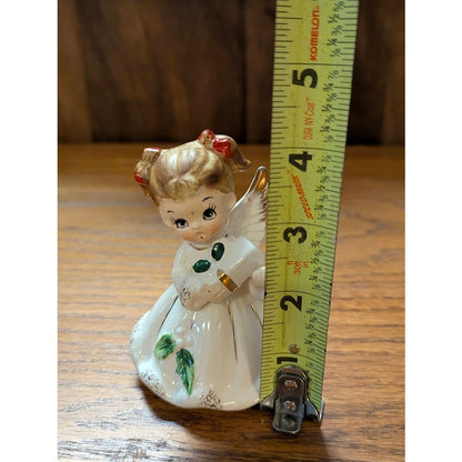 Vintage Josef Originals Christmas Angel Figurine with white box and Holly Accent