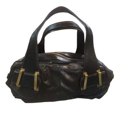 Vintage Sondra Roberts Chocolate Brown Leather Hobo Shoulder Bag Brass Details