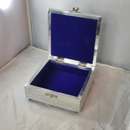 Keepsake Handicraft Peacock Design Jewelry STASH Box Silver Foil Metal Wrapped