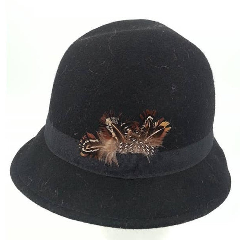 Vintage Wool  Black Brown wool cloche Hat Women's 30's style Pheasant Feathers