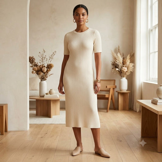 Leith Sweater Dress Women's Large Cream Ribbed Rayon Cutout Front Mock Neck Slit