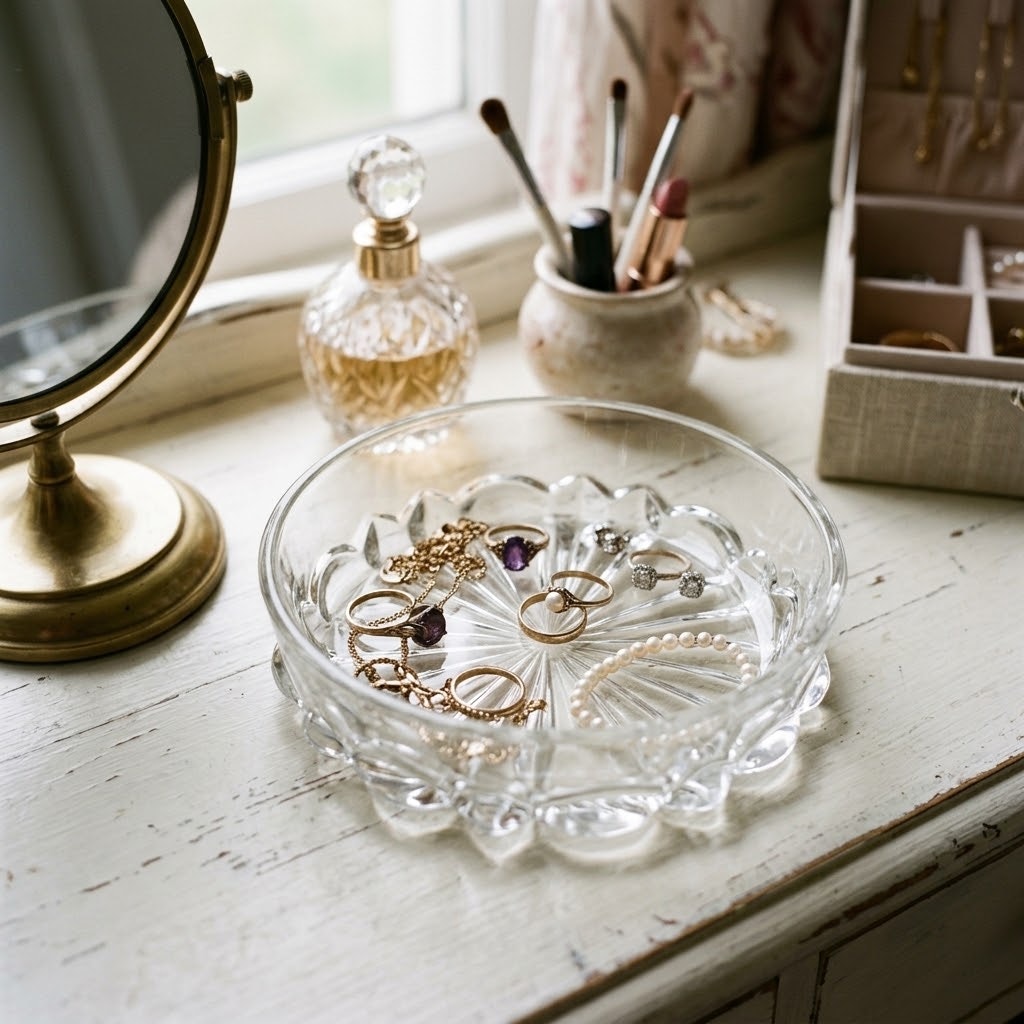 Vintage Clear Cut Glass Dish Sunburst Starburst Floral Base Bowl Trinket Dish