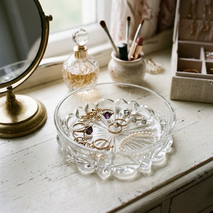 Vintage Clear Cut Glass Dish Sunburst Starburst Floral Base Bowl Trinket Dish
