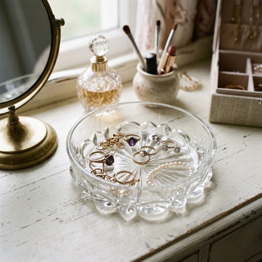 Vintage Clear Cut Glass Dish Sunburst Starburst Floral Base Bowl Trinket Dish