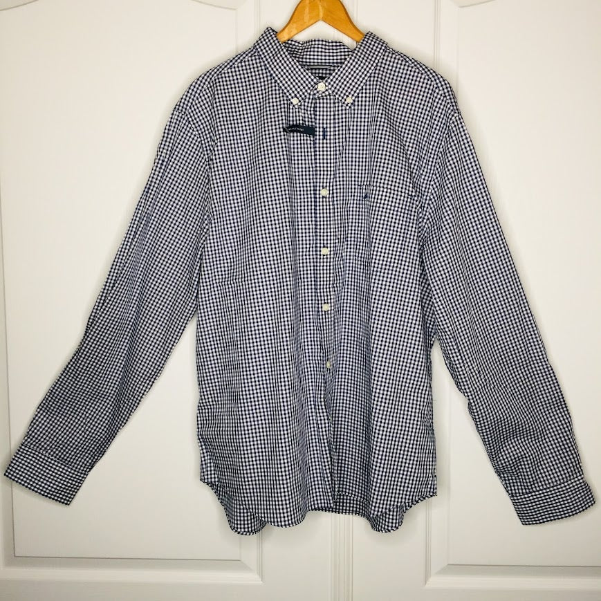 Nautica XXL Mens Slim Fit Long Sleeve Blue White Gingham Shirt Button Down