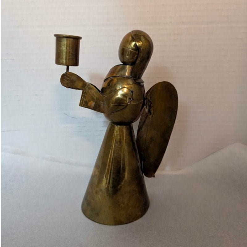 Vintage Brass Mexican Angel Candle Holder - Handcrafted Mid-Century Folk Art