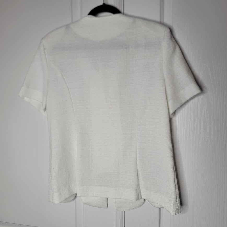 Leslie Fay Vintage White Short Sleeve Button Up Scallop hem Top Shoulder Pads 16