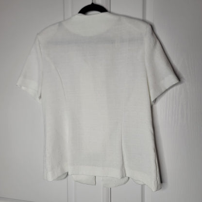 Leslie Fay Vintage White Short Sleeve Button Up Scallop hem Top Shoulder Pads 16