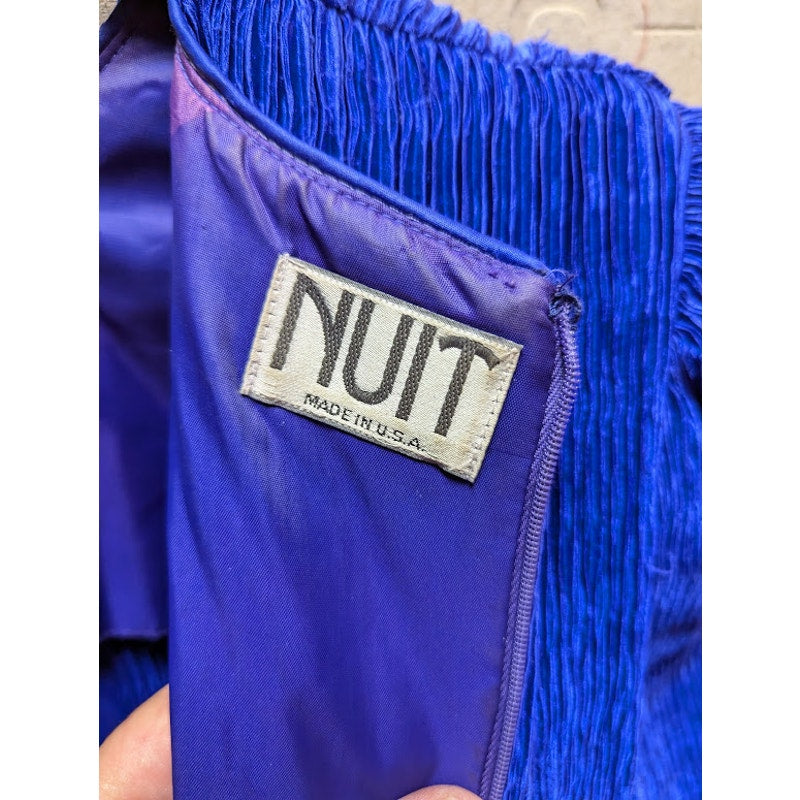Vintage Nuit Micro Pleat Cocktail Arm cuff Sequin Dress Size 8 Blue Long Sleeve