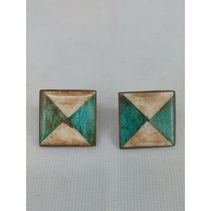 Vintage Pyramid Turquoise Patina Brass Clip-On Earrings Statement Southwestern