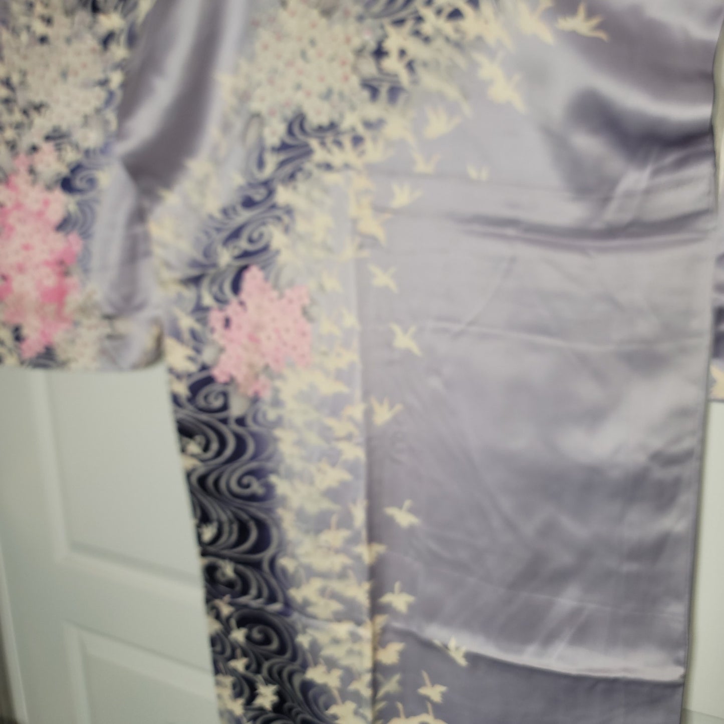 Vintage Silk Tomesode (short sleeve) Kimono Robe Blue Birds Pink White Sakura
