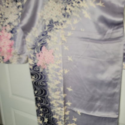 Vintage Silk Tomesode (short sleeve) Kimono Robe Blue Birds Pink White Sakura
