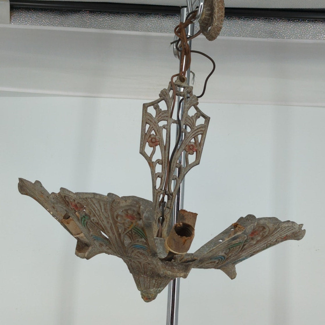 1930s Art Deco Slip Shade 5 Light Chandelier Fixture Restoration Cast Alumium