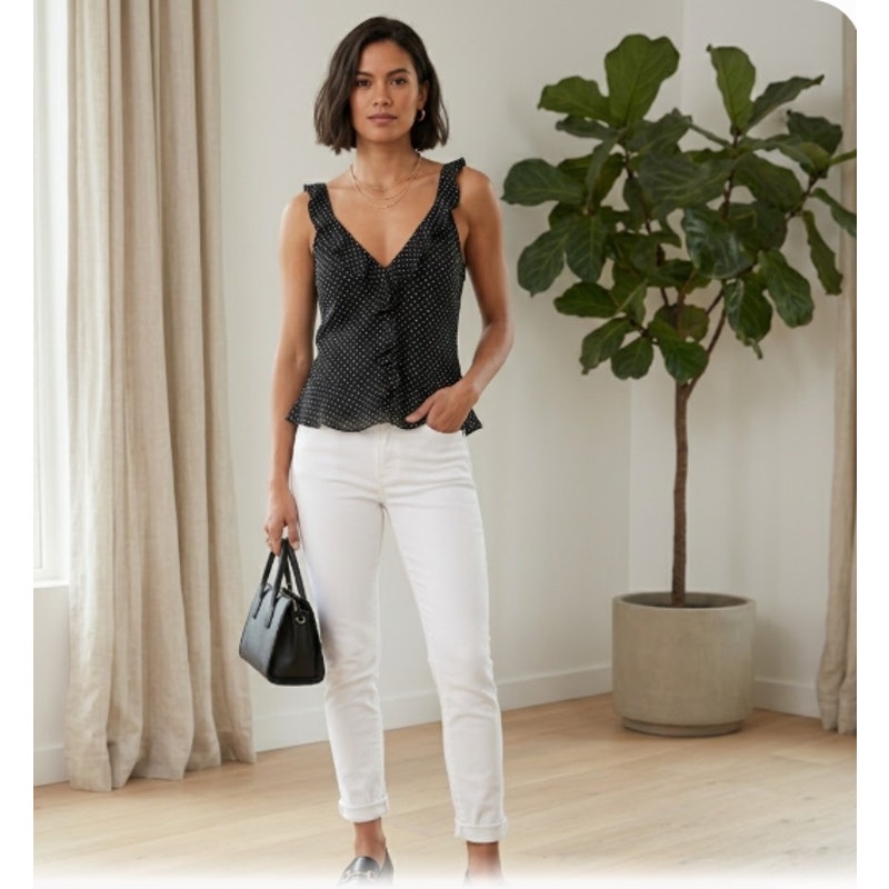 Lauren Ralph Lauren Black Polka Dot 100% Silk Ruffle V-Neck Camisole Blouse 8