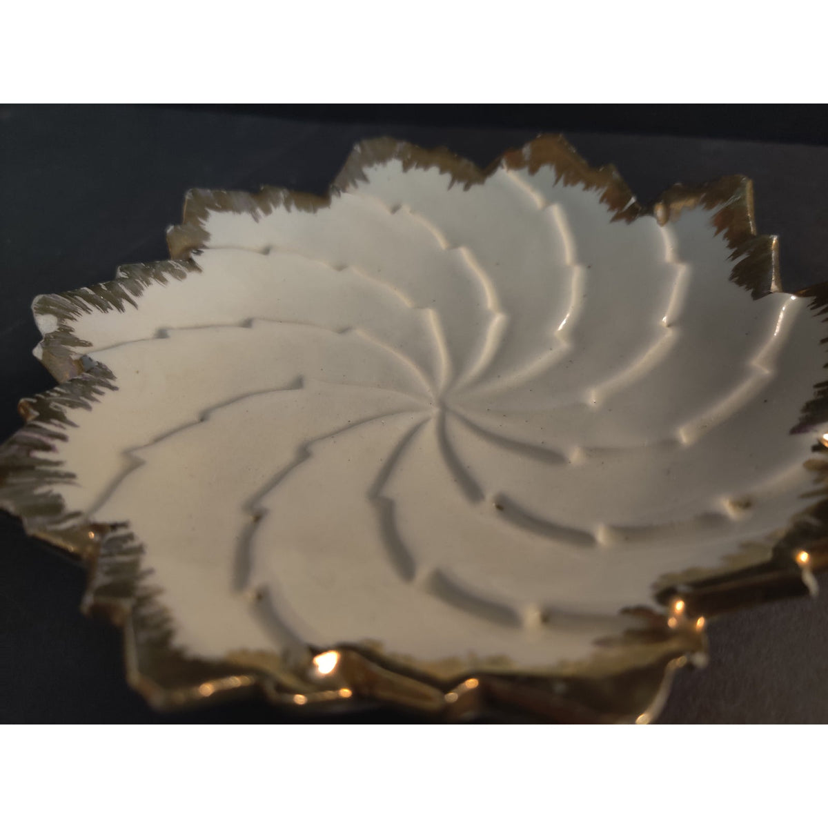 Vintage 1967 Handmade Ceramic Spiral Dish Gold Trim Ruffled Edge