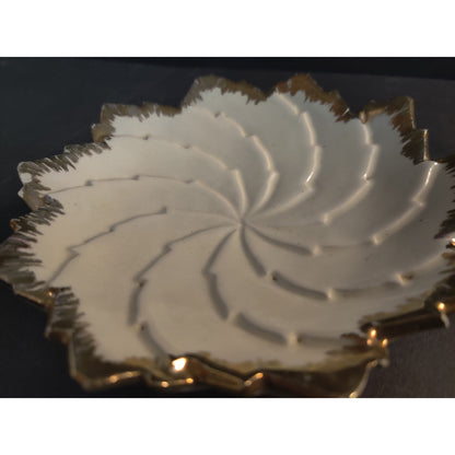 Vintage 1967 Handmade Ceramic Spiral Dish Gold Trim Ruffled Edge