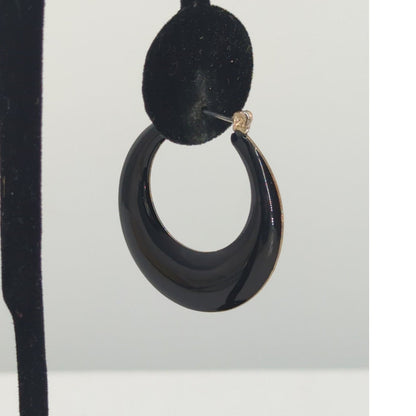 Vintage Glossy Black Enameled Chunky C-Hoop Earrings