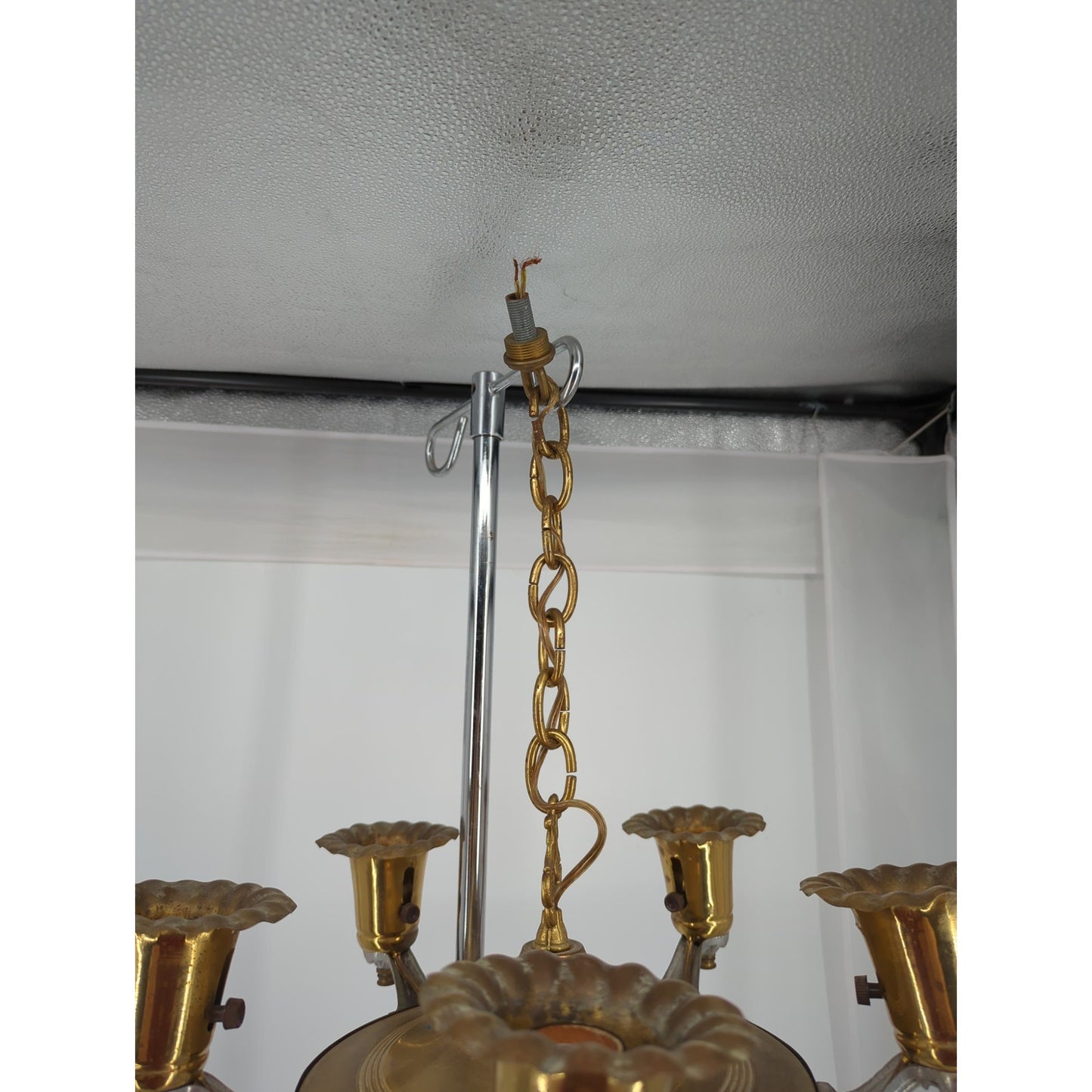 Vintage 5-Arm Two-Tone Brass & Chrome Chandelier Tulip Shades Hollywood Regency