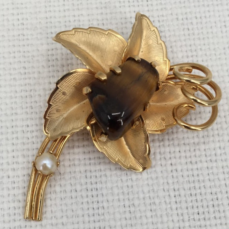 Vintage Flower Pin Brooch Gold Tone Brown Tiger Eye Nugget Stone Costume Jewelry