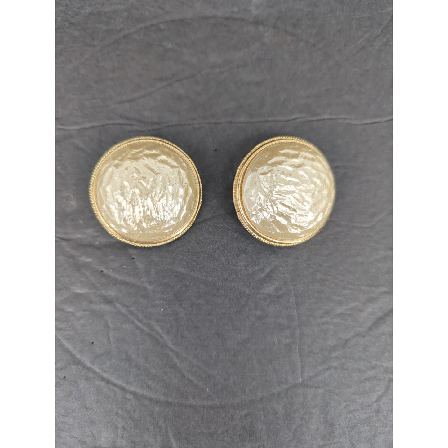Vintage Monet Pearlized Gold Tone Textured Button Clip On Earrings Retro