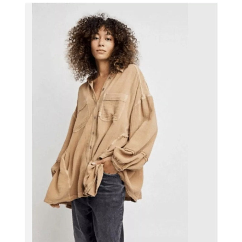 Free People Anaheim Double Cloth Top Gauze Shirt Tunic Camel OVERSIZED S-L New