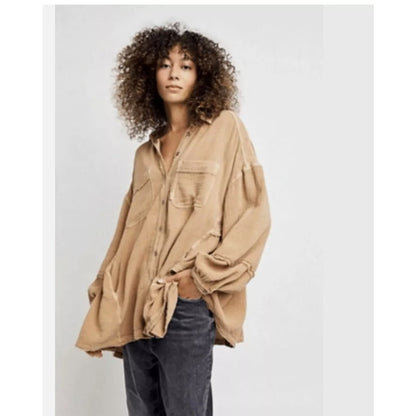 Free People Anaheim Double Cloth Top Gauze Shirt Tunic Camel OVERSIZED S-L New