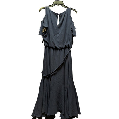 Maggy London Dress Size 6 Navy Blue Cold Shoulder Asymmetrical Ruffle Hem Belted