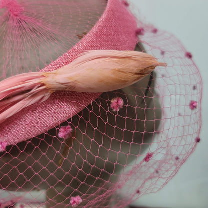 VINTAGE Pink Hat Net Veil Bird feather 7" union label Fascinator Wedding Races