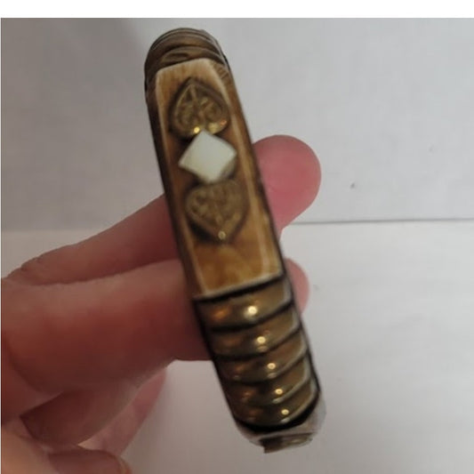 Wood Brass bone bracelet Vintage Viking MCM brown goldtone Bone Viking bangle