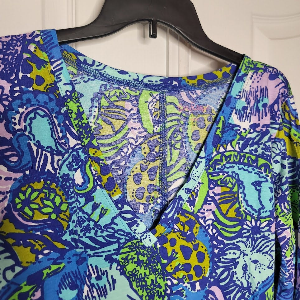 Lilly Pulitzer Christie Dress Cattitude Cat Blue Pima cotton Size XL VNeck 3/4