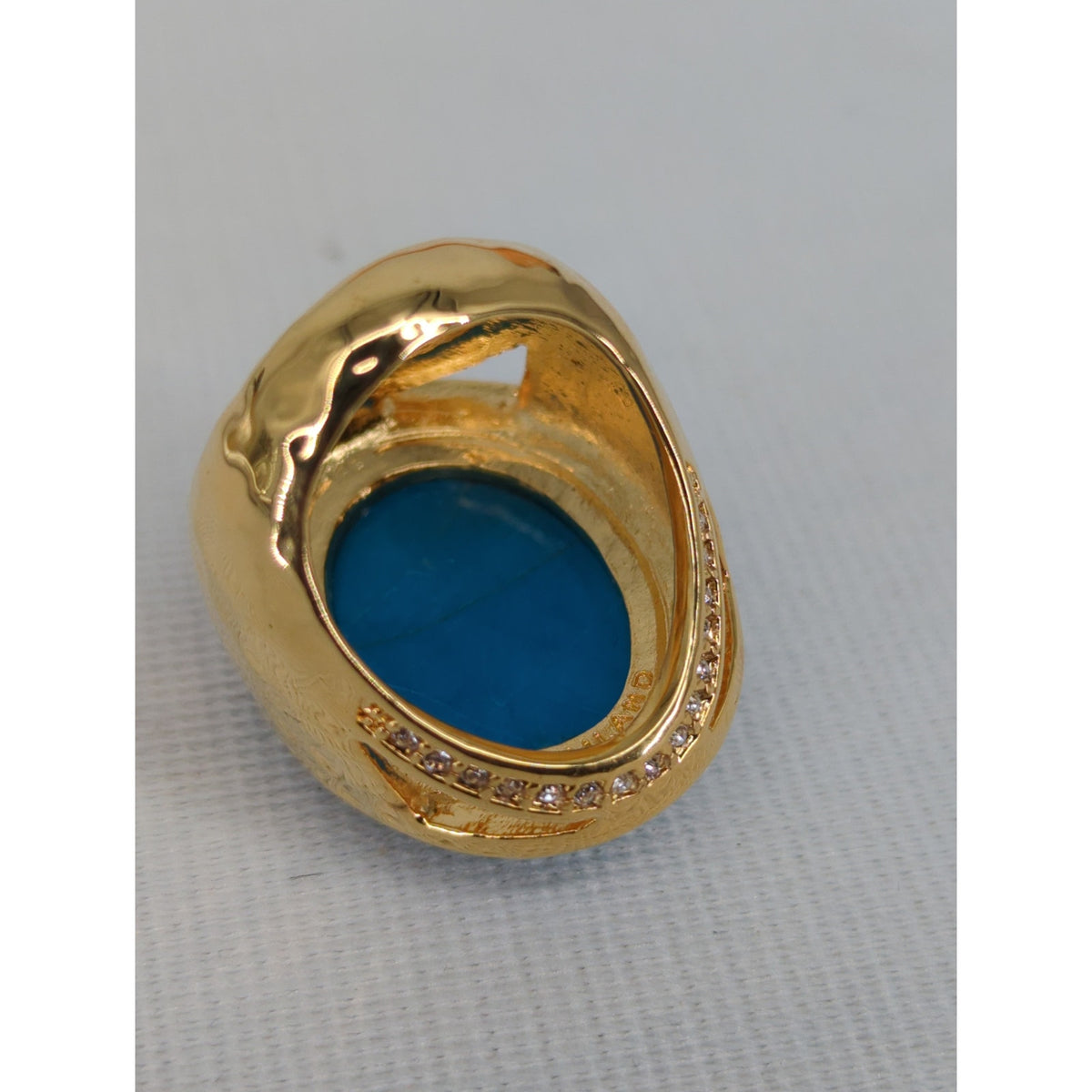 Vintage Gold Tone Simulated Turquoise Rhinestone Statement Ring Boho Size 8