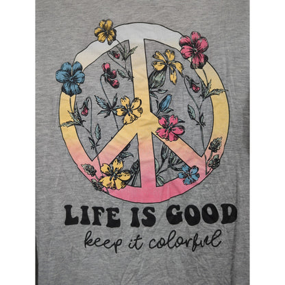 Life Is Good Gray Floral Peace Sign Long Sleeve Tulip Back Graphic Tee Shirt XL