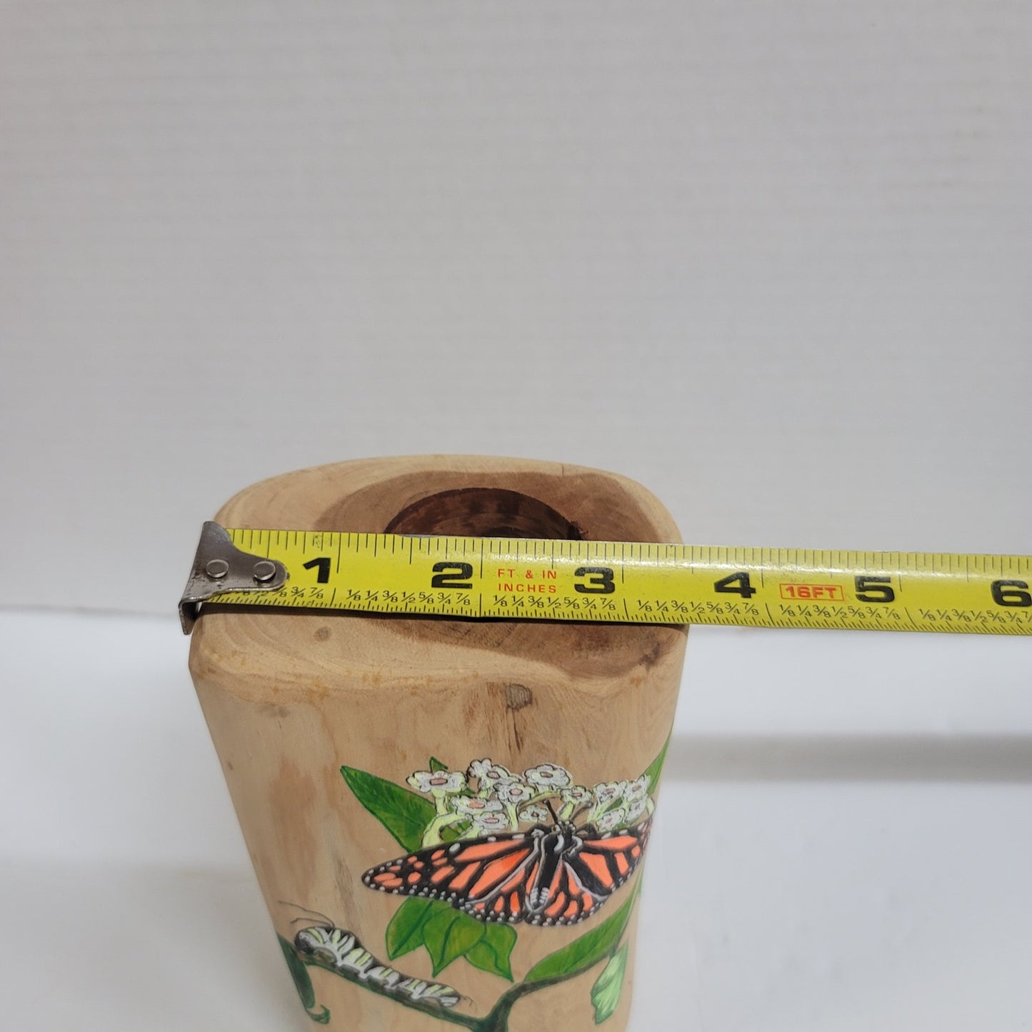 Handmade wood pillar tea light candle holder painted Caterpiller & Butterfly '13