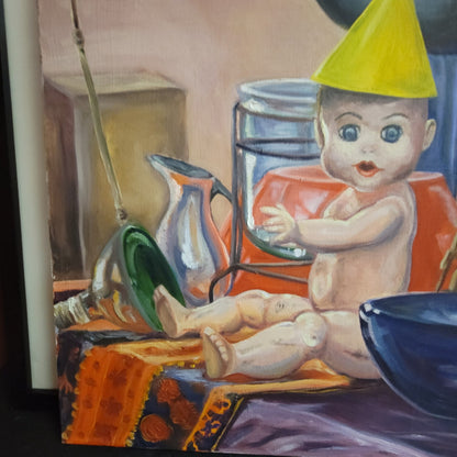Oddities Surrealist Oil Painting Doll FunnelHat Kitsch Eclectic Moody Still Life