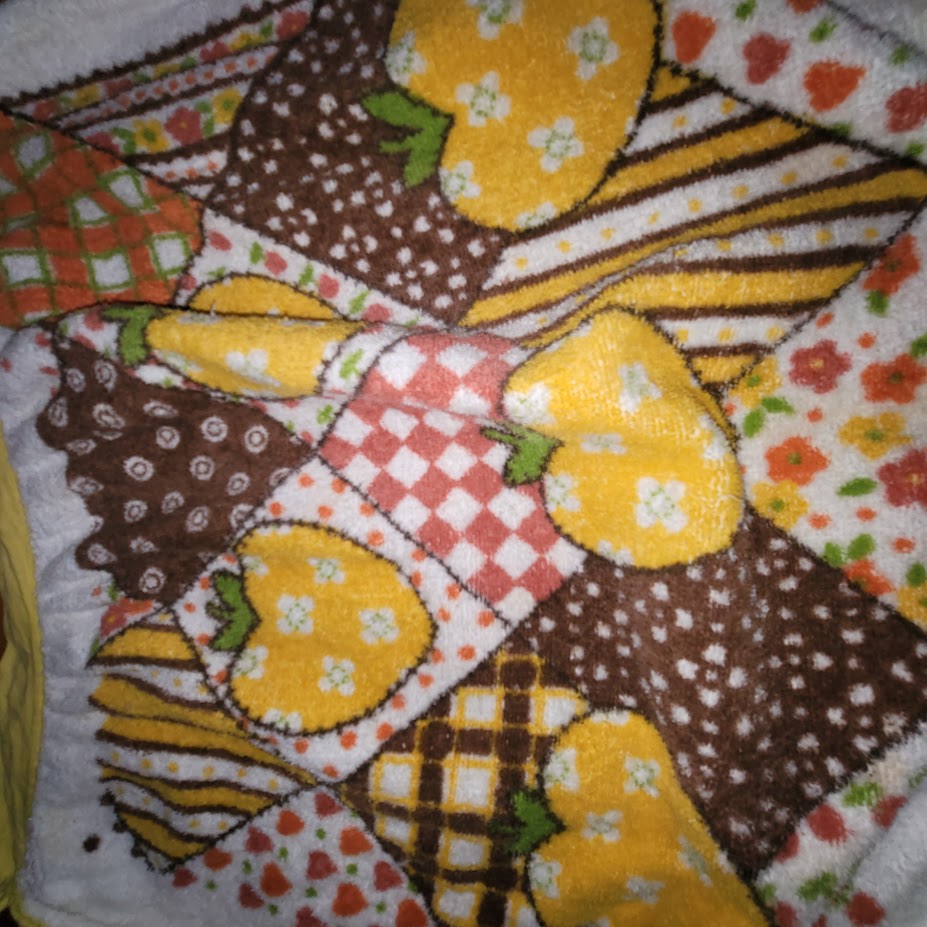 Vintage 1970s Strawberry Patchwork Half Apron Yellow Terry Cloth Retro Kitsch