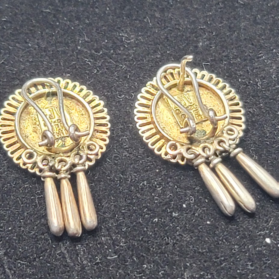 Modernist Mexico Sterling Silver Turquoise Geometric Sunburst Earring Taxco Sol