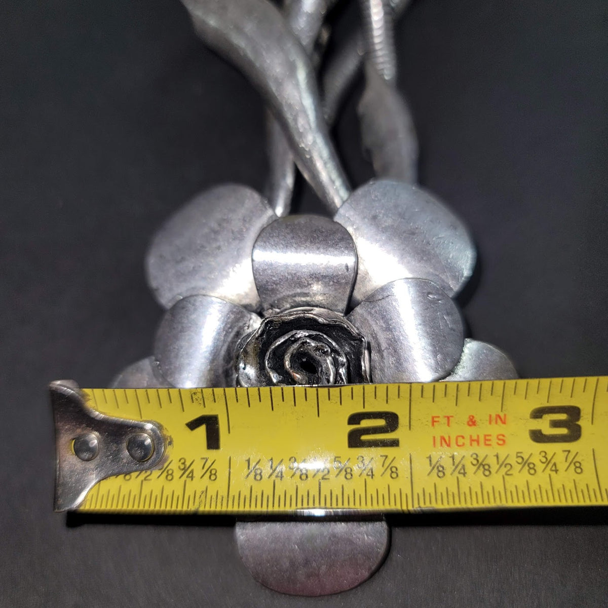 Heavy Metal Silvertone Necklace Flower Single into Double Strand Statement Pc.