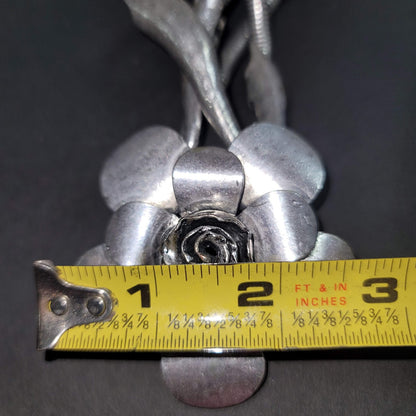 Heavy Metal Silvertone Necklace Flower Single into Double Strand Statement Pc.
