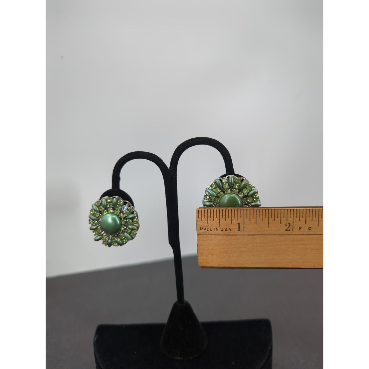 Vintage Sage Green Faux Pearl & Rhinestone Cluster Clip On Ethereal  Earrings