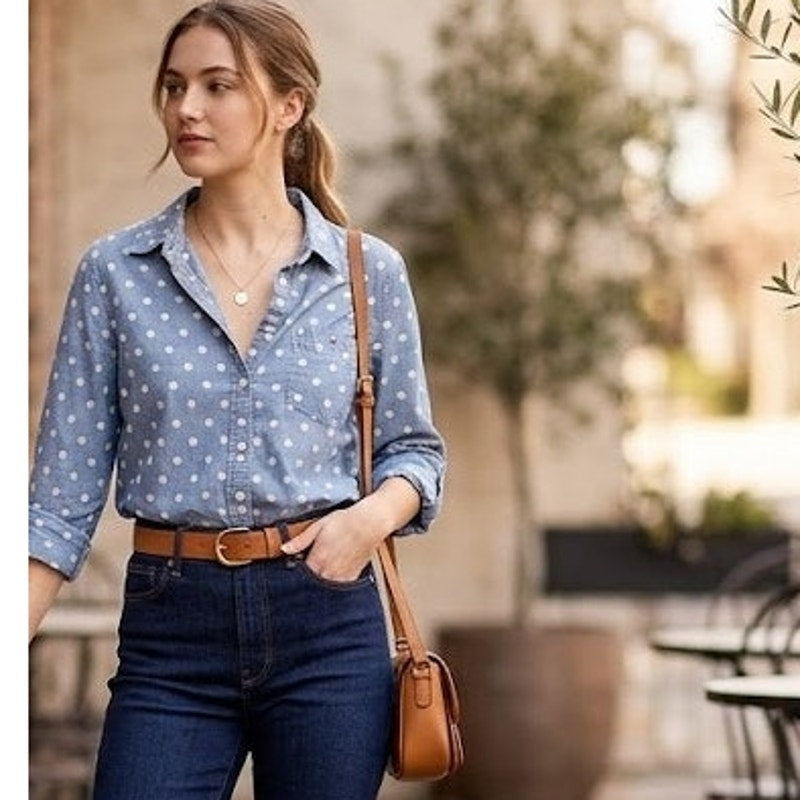 Tommy Hilfiger Blue White Polka Dot Chambray Button-Down Shirt Top Small NEW y2k
