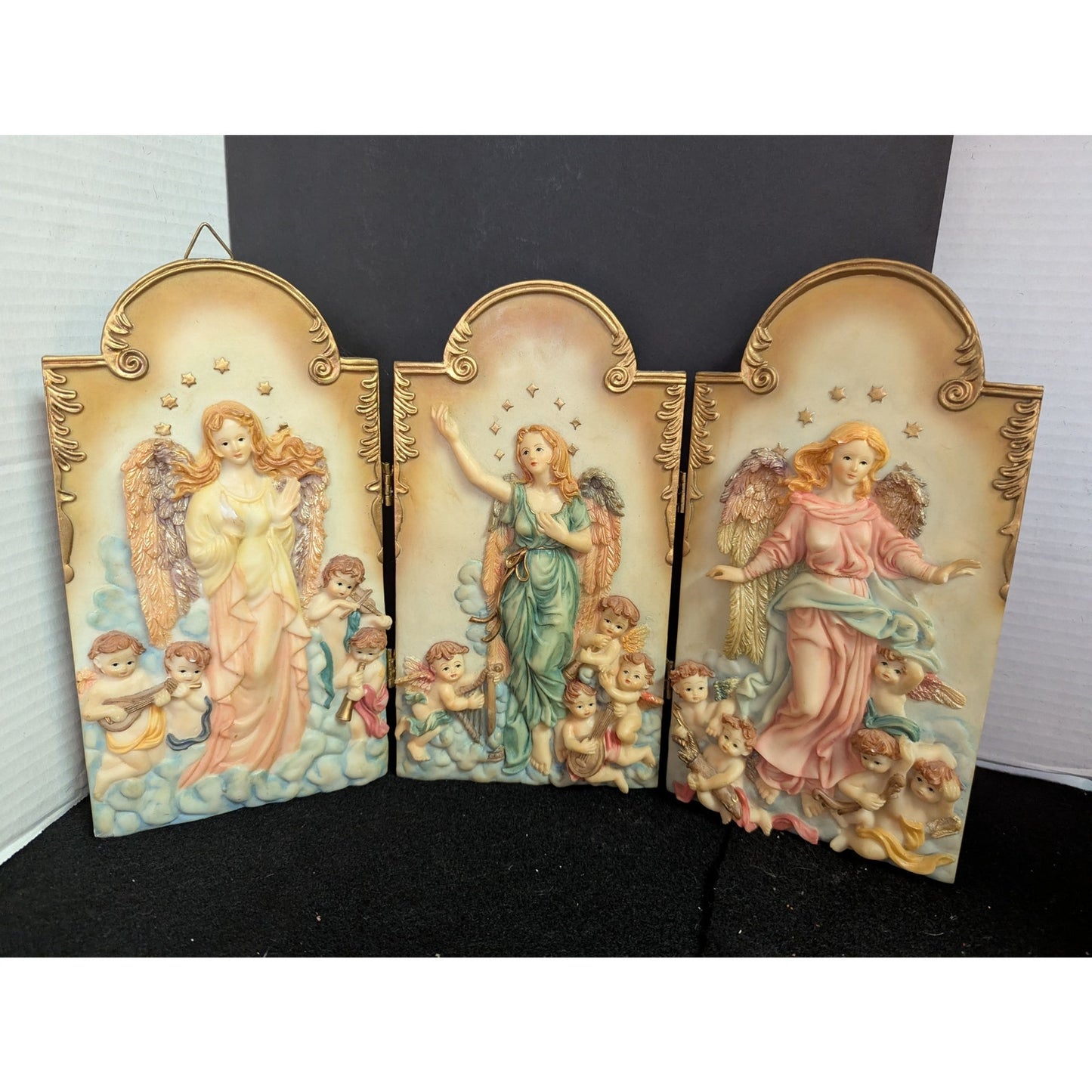 Vintage Guardian Angel & Cherub 3-Piece Triptych Wall Plaque Set