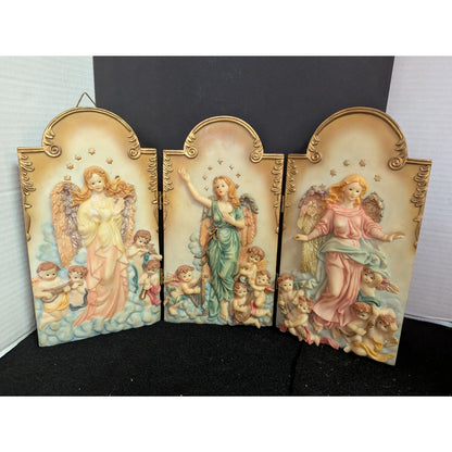 Vintage Guardian Angel & Cherub 3-Piece Triptych Wall Plaque Set