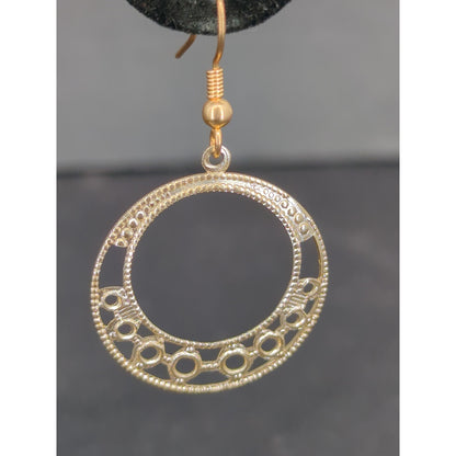 Gold Tone Openwork Filigree Circular Hoop Dangle Earrings