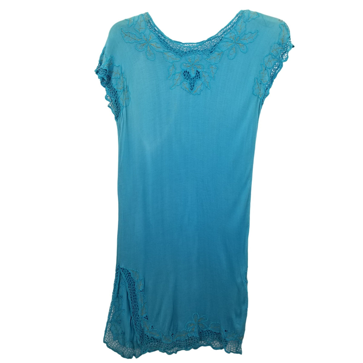 Vintage Blue Teal Coverup Dress Embroidery short sleeve 1980's Medium