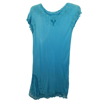 Vintage Blue Teal Coverup Dress Embroidery short sleeve 1980's Medium