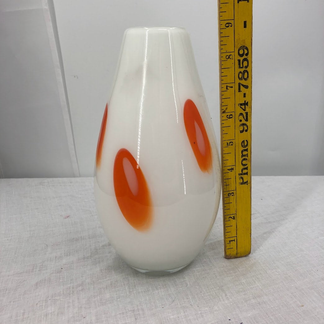 Murano Glass Vase Handblown orange patches white table bulb MCM design 9" glass